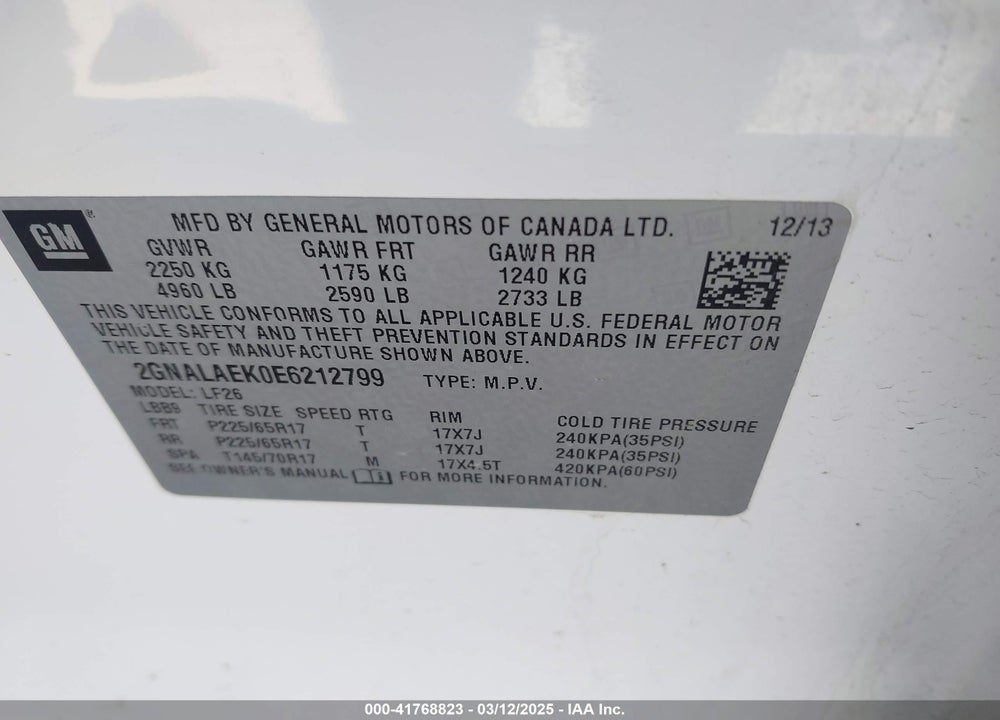 2014 CHEVROLET EQUINOX VIN: 2GNALAEK0E6212799