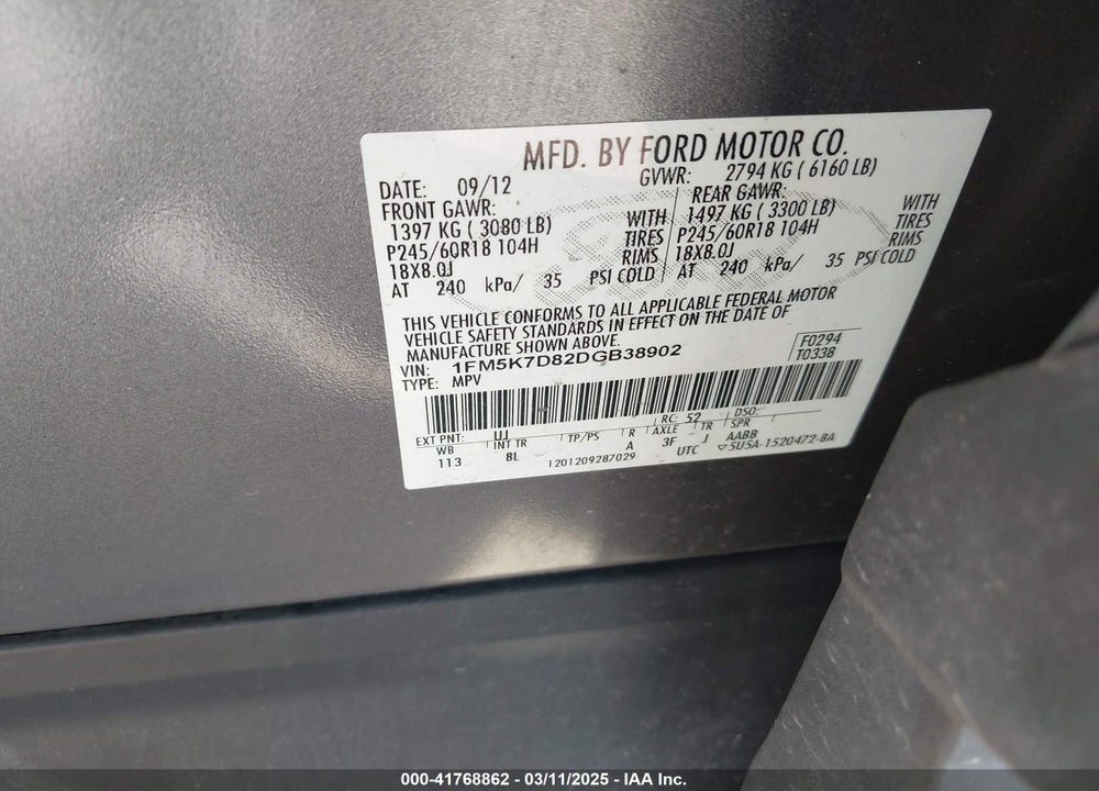 2013 FORD EXPLORER VIN: 1FM5K7D82DGB38902