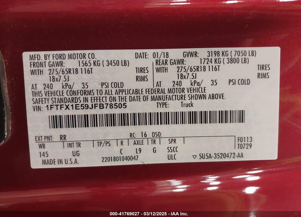 2018 FORD F-150 VIN: 1FTFX1E59JFB78505