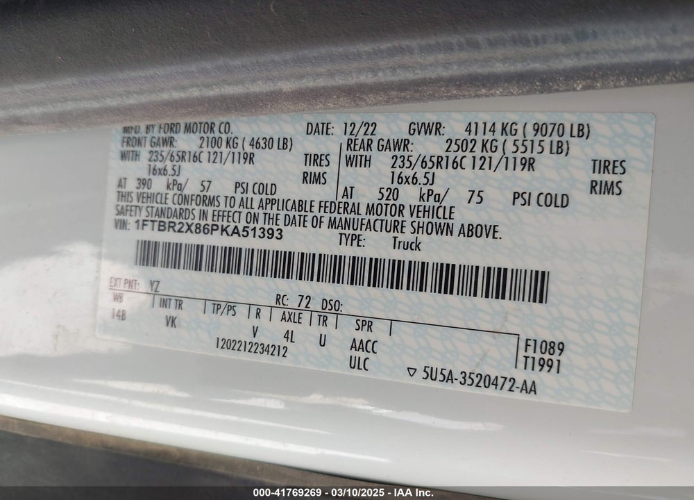 2023 FORD TRANSIT-250 VIN: 1FTBR2X86PKA51393