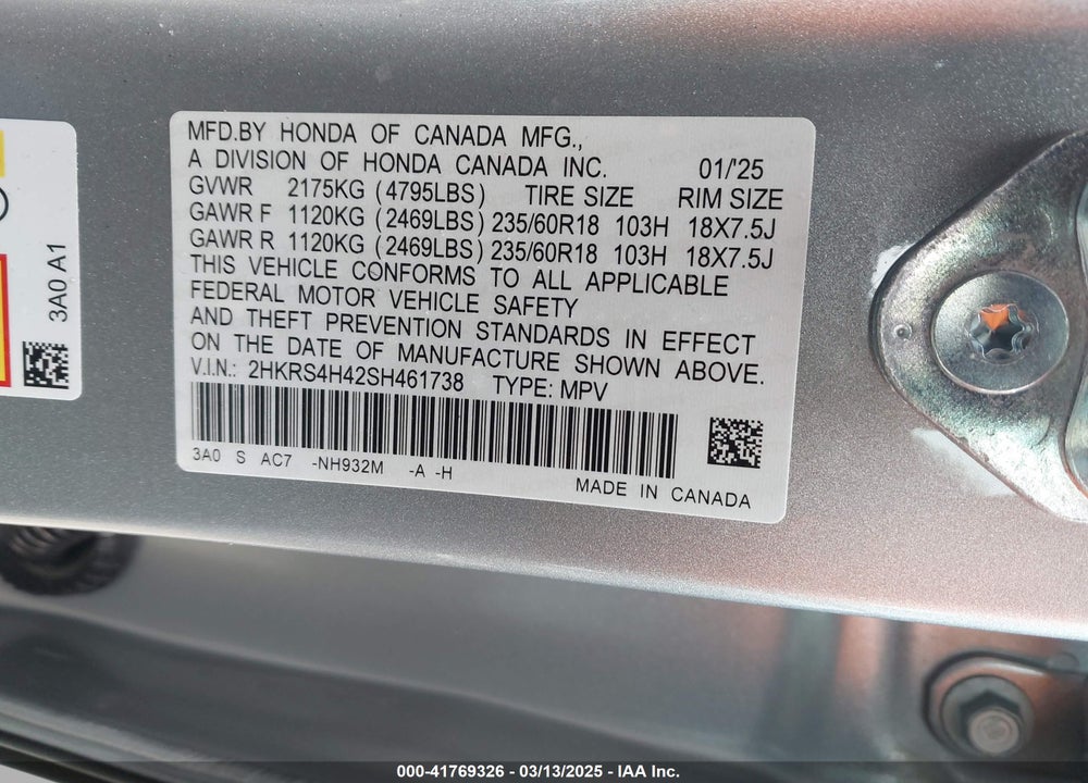 2025 HONDA CR-V VIN: 2HKRS4H42SH461738