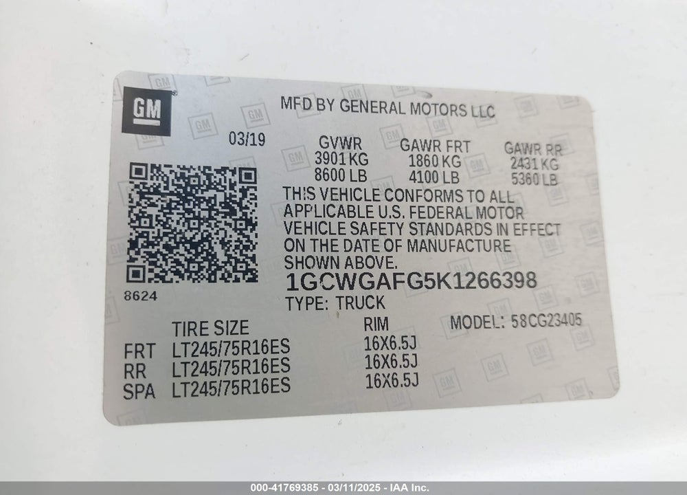 2019 CHEVROLET EXPRESS 2500 VIN: 1GCWGAFG5K1266398