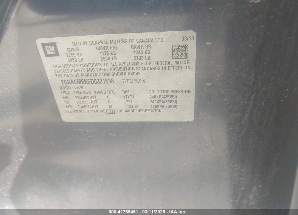 2013 GMC TERRAIN VIN: 2GKALMEK6D6321538