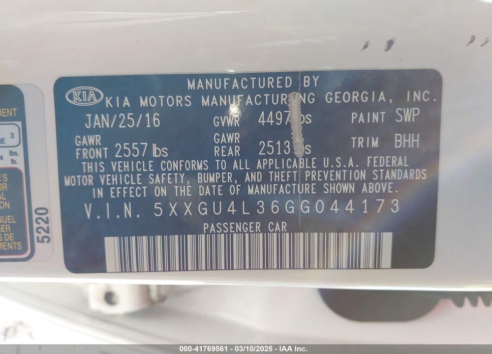2016 KIA OPTIMA EX VIN: 5XXGU4L36GG044173