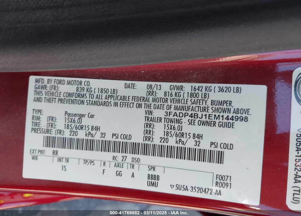 2014 FORD FIESTA SE VIN: 3FADP4BJ1EM144998