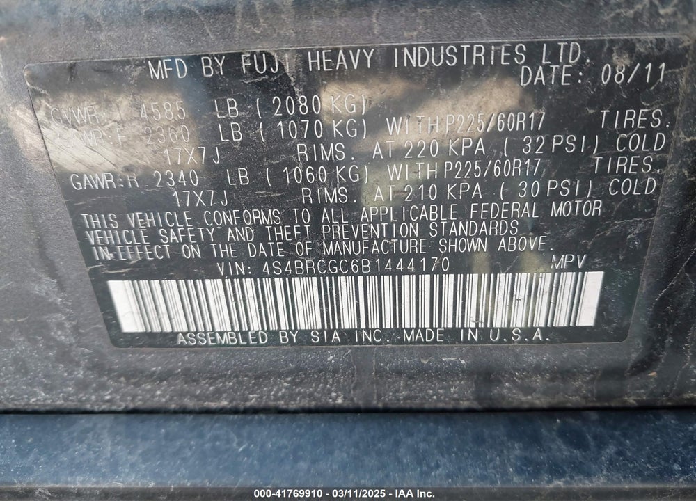 2011 SUBARU OUTBACK VIN: 4S4BRCGC6B1444170