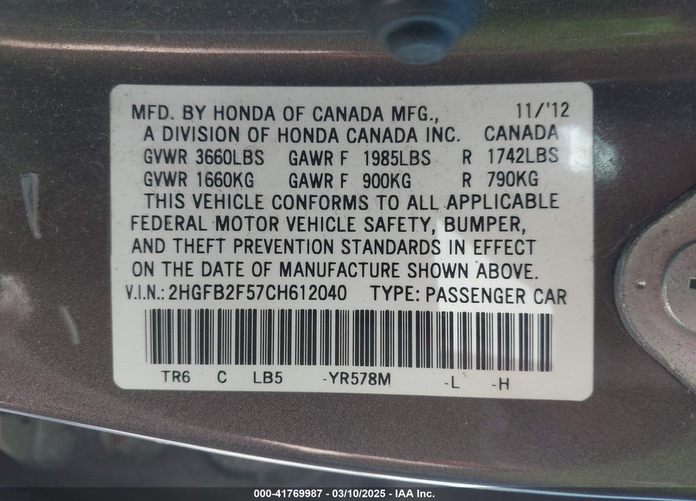 2012 HONDA CIVIC VIN: 2HGFB2F57CH612040