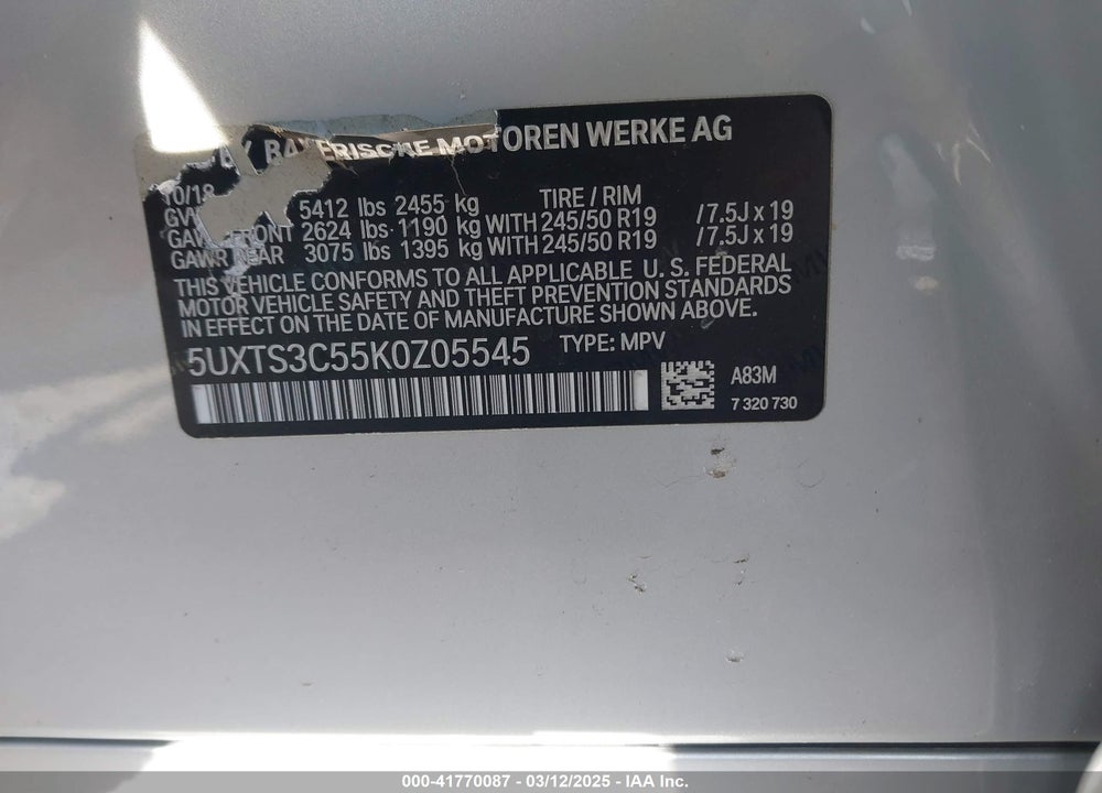 2019 BMW X3 VIN: 5UXTS3C55K0Z05545