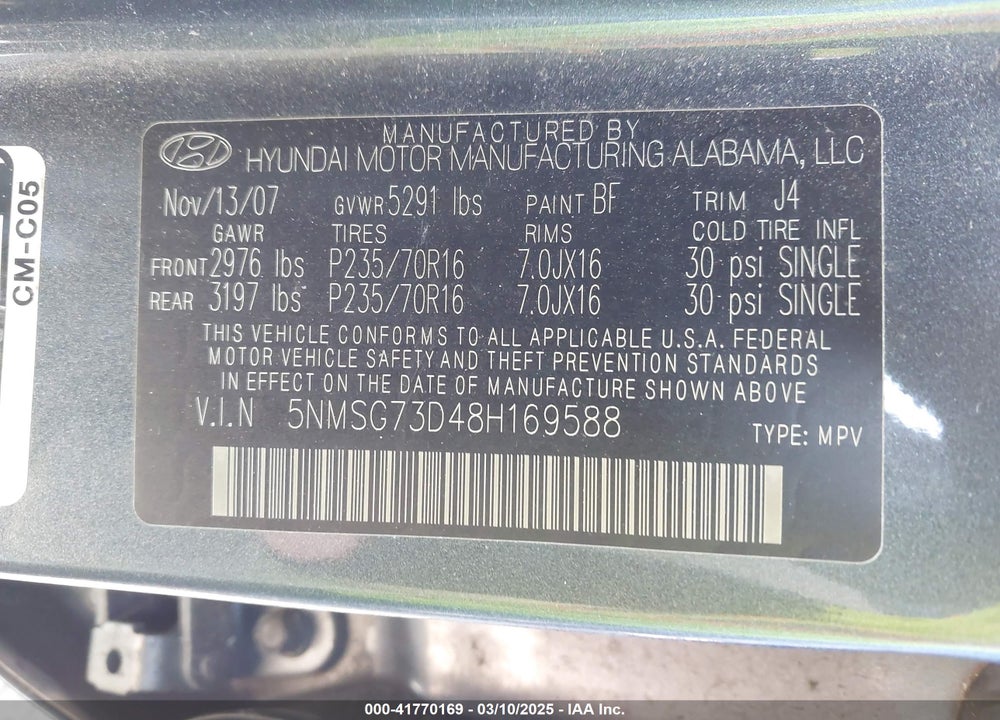 2008 HYUNDAI SANTA FE VIN: 5NMSG73D48H169588