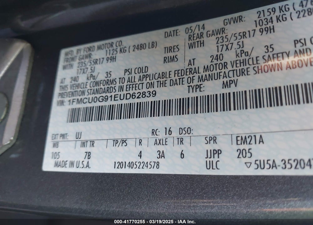 2014 FORD ESCAPE VIN: 1FMCU0G91EUD62839