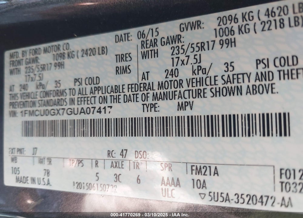 2016 FORD ESCAPE SE VIN: 1FMCU0GX7GUA07417