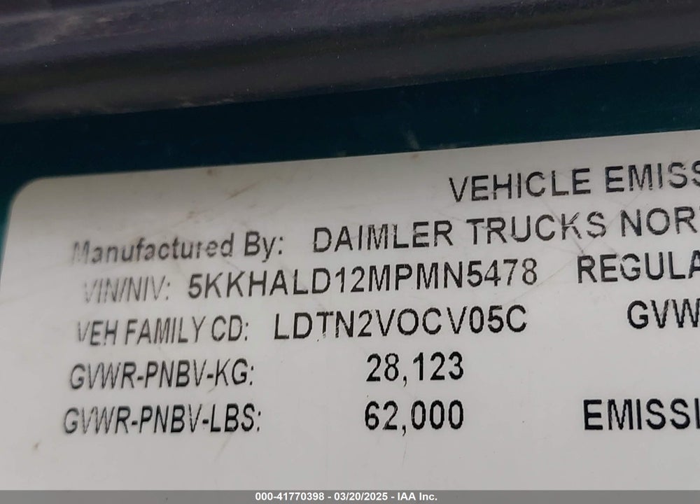 2021 WESTERN STAR 4900 SET BACK AXLE VIN: 5KKHALD12MPMN5478