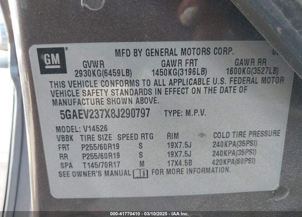 2008 BUICK ENCLAVE CXL VIN: 5GAEV237X8J290797
