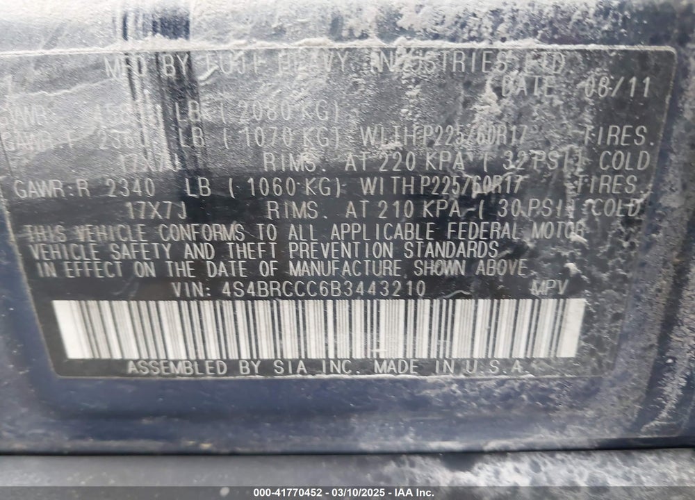 2011 SUBARU OUTBACK VIN: 4S4BRCCC6B3443210