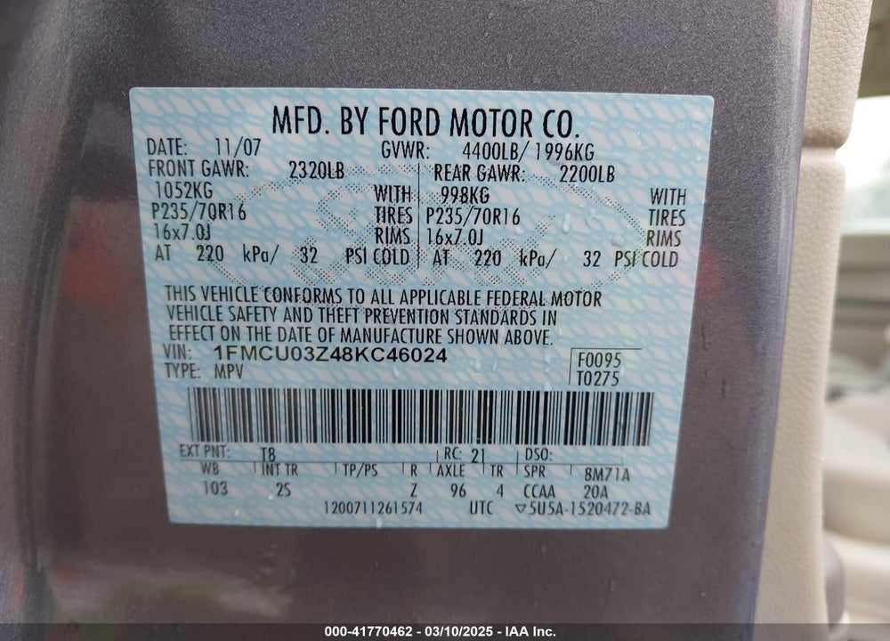 2008 FORD ESCAPE VIN: 1FMCU03Z48KC46024
