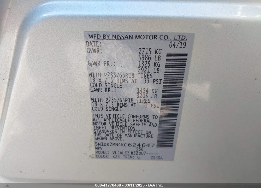 2019 NISSAN PATHFINDER VIN: 5N1DR2MN4KC624647