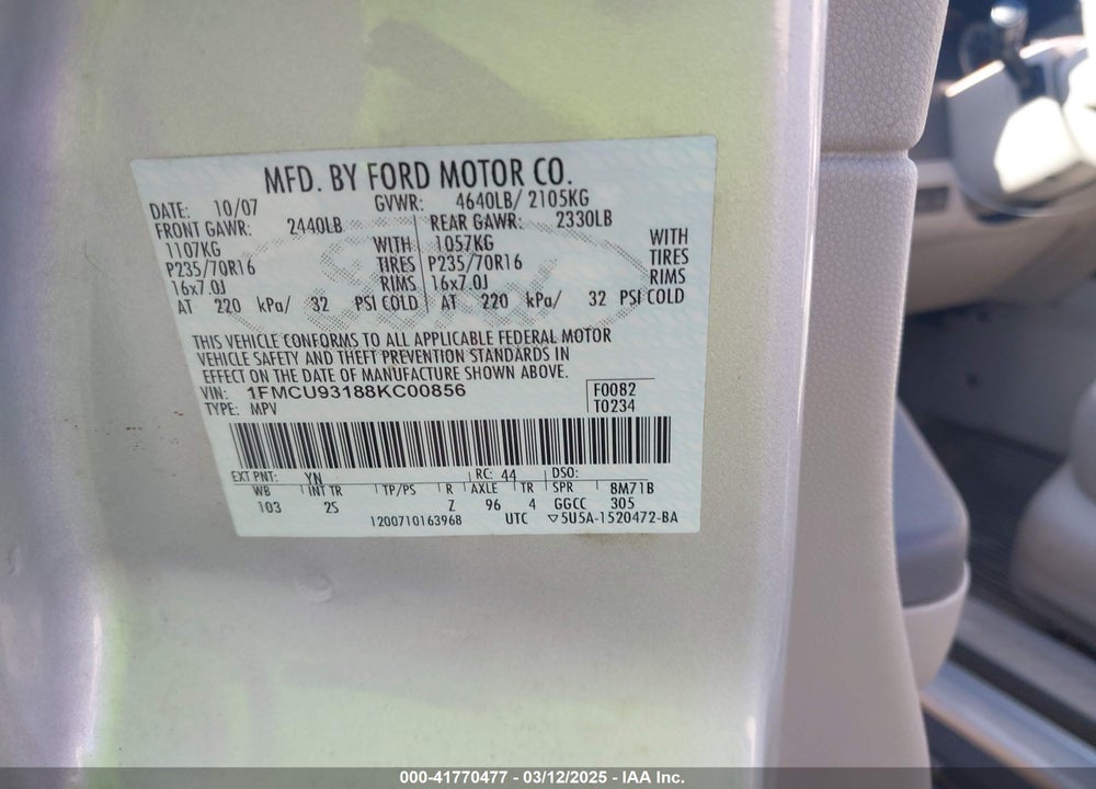 2008 FORD ESCAPE VIN: 1FMCU93188KC00856