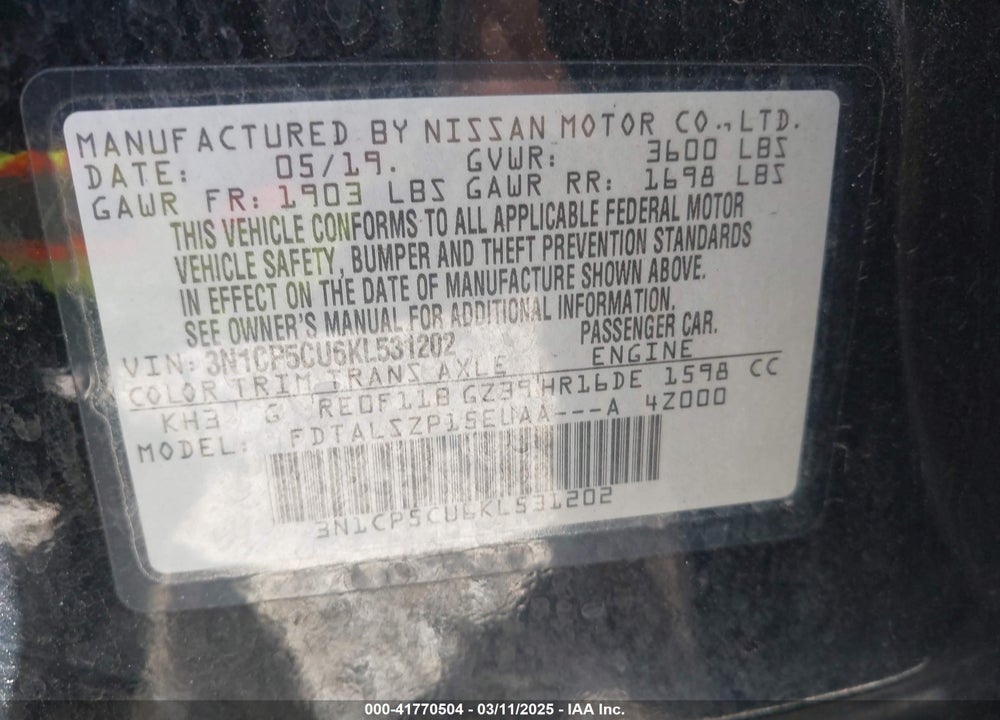 2019 NISSAN KICKS SV VIN: 3N1CP5CU6KL531202