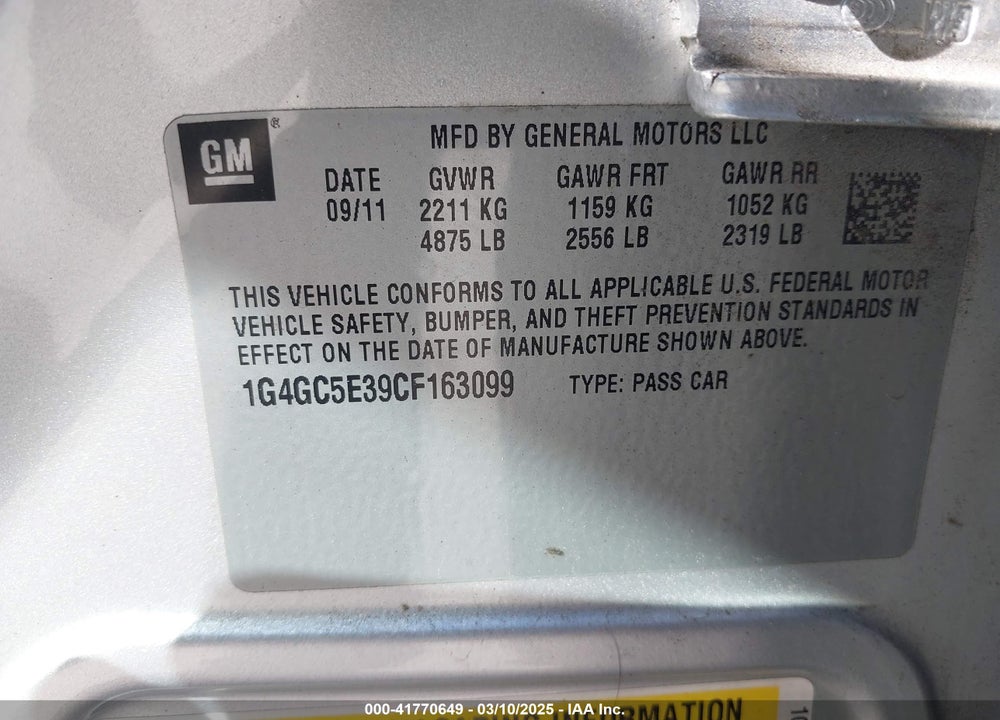 2012 BUICK LACROSSE VIN: 1G4GC5E39CF163099