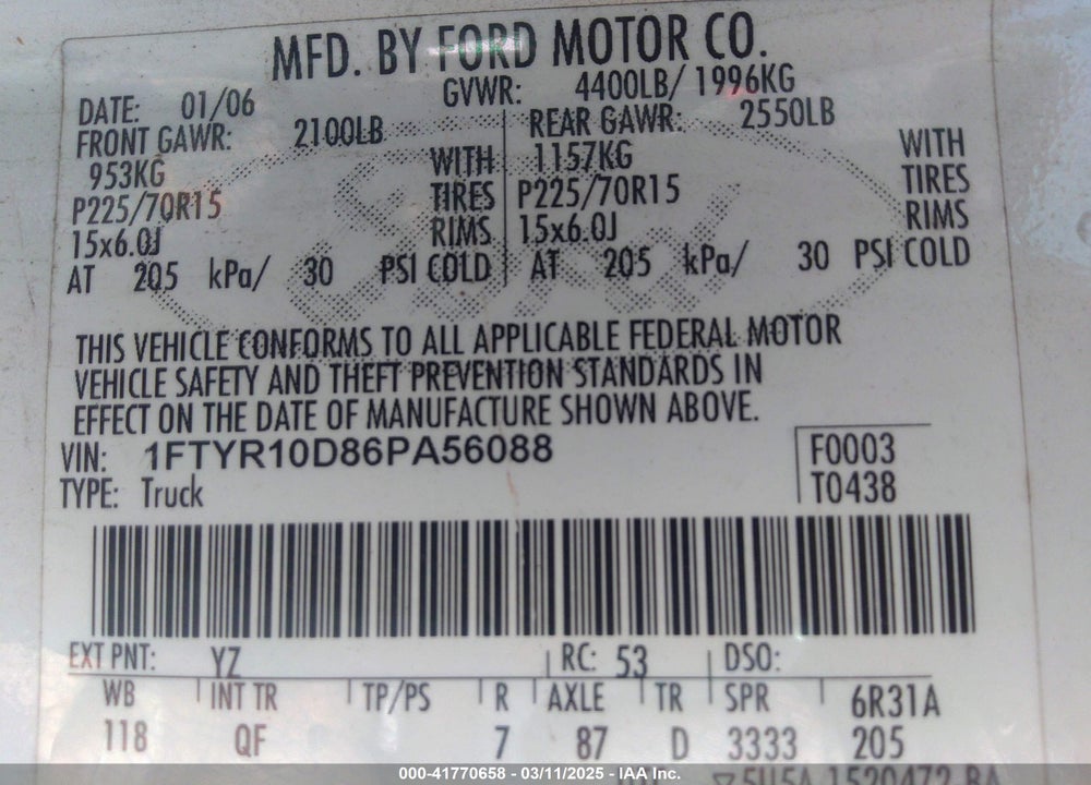 2006 FORD RANGER VIN: 1FTYR10D86PA56088