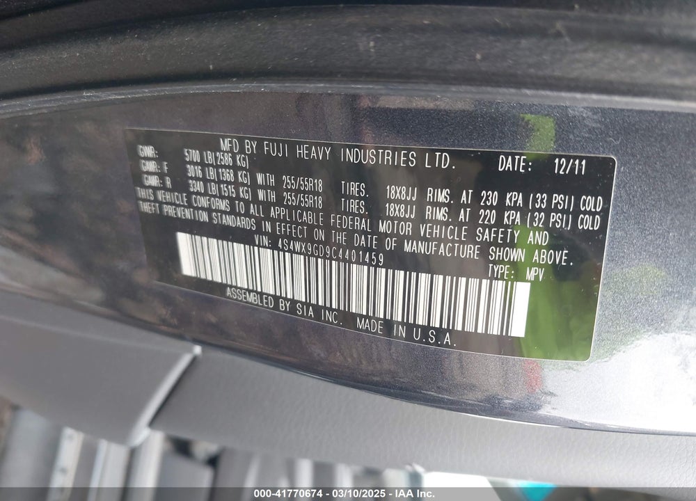 2012 SUBARU TRIBECA VIN: 4S4WX9GD9C4401459