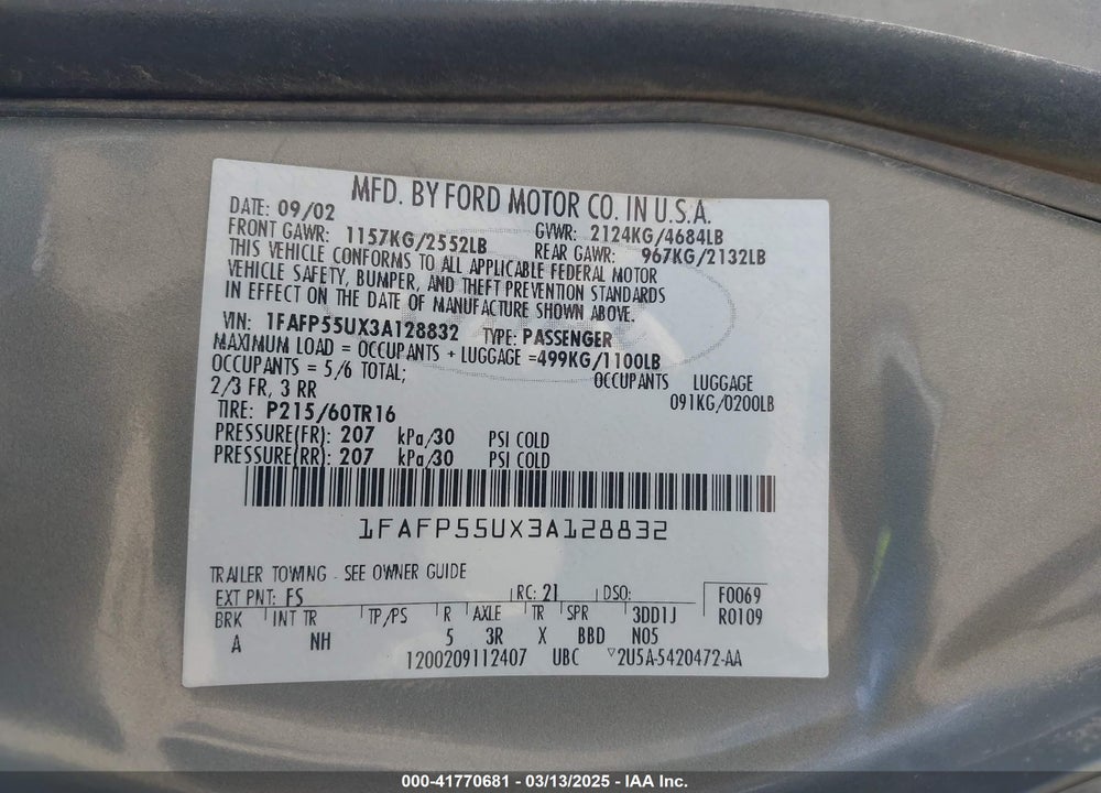 2003 FORD TAURUS VIN: 1FAFP55UX3A128832