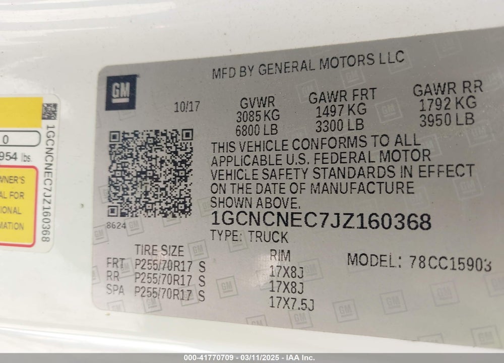 2018 CHEVROLET SILVERADO 1500 WT VIN: 1GCNCNEC7JZ160368