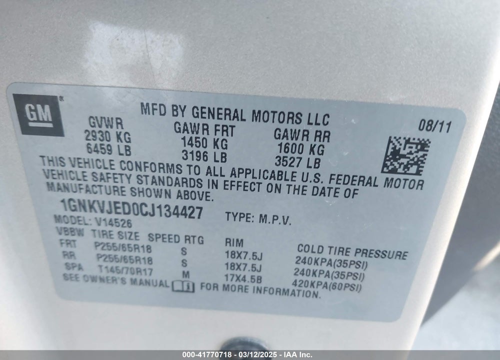 2012 CHEVROLET TRAVERSE VIN: 1GNKVJED0CJ134427