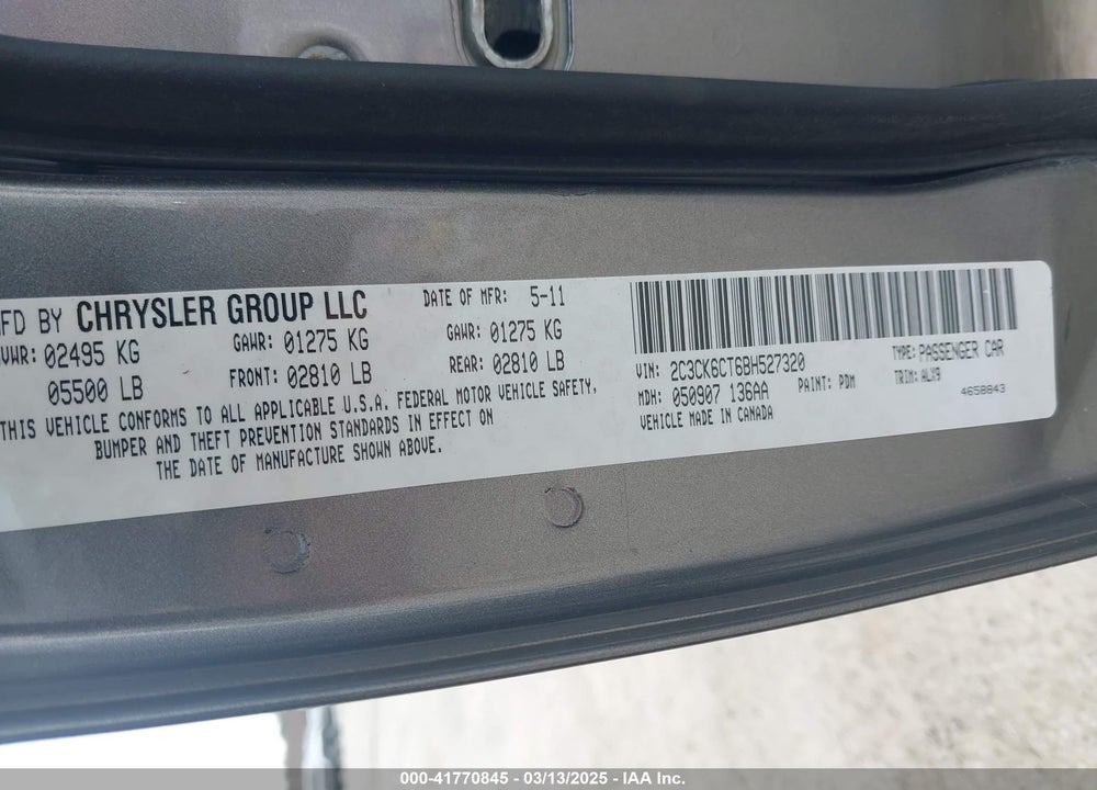 2011 CHRYSLER 300C VIN: 2C3CK6CT6BH527320