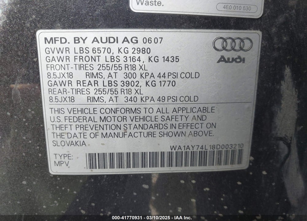 2008 AUDI Q7 VIN: WA1AY74L18D003210