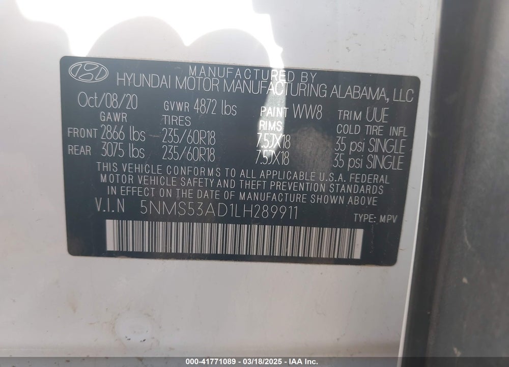 2020 HYUNDAI SANTA FE VIN: 5NMS53AD1LH289911