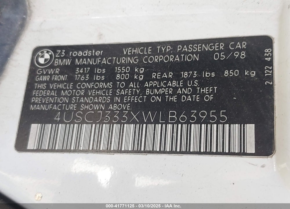 1998 BMW Z3 2.8 VIN: 4USCJ333XWLB63955