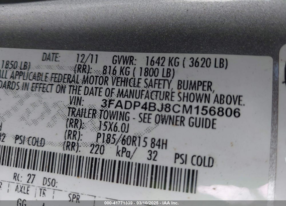 2012 FORD FIESTA VIN: 3FADP4BJ8CM156806