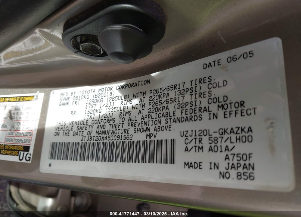 2005 LEXUS GX 470 VIN: JTJBT20X450091562
