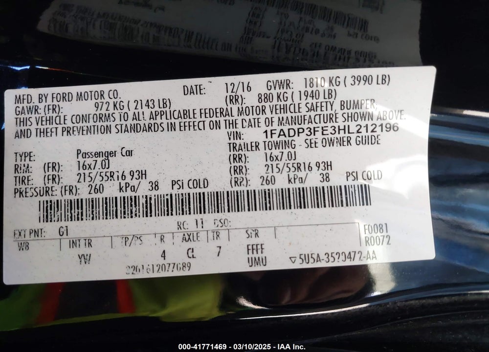 2017 FORD FOCUS VIN: 1FADP3FE3HL212196