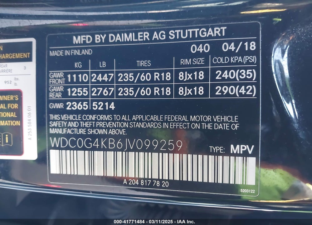 2018 MERCEDES-BENZ GLC VIN: WDC0G4KB6JV099259