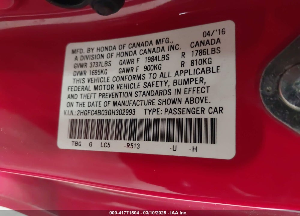 2016 HONDA CIVIC VIN: 2HGFC4B03GH302993