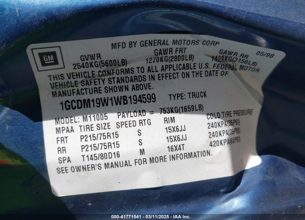 1998 CHEVROLET ASTRO VIN: 1GCDM19W1WB194599