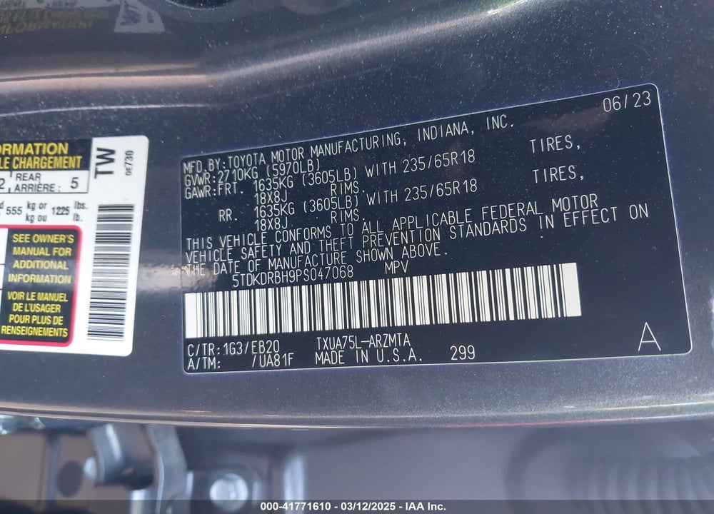 2023 TOYOTA HIGHLANDER XLE VIN: 5TDKDRBH9PS047068