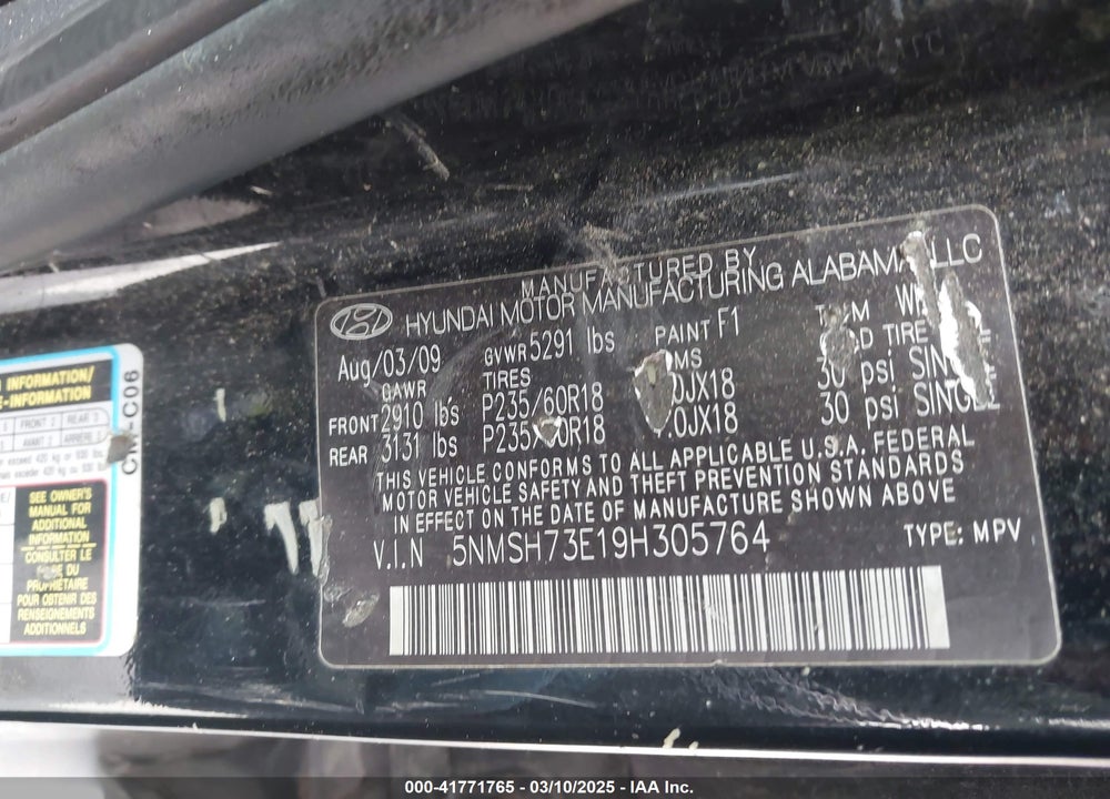 2009 HYUNDAI SANTA FE VIN: 5NMSH73E19H305764