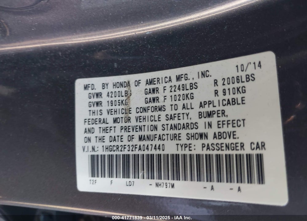 2015 HONDA ACCORD VIN: 1HGCR2F32FA047440