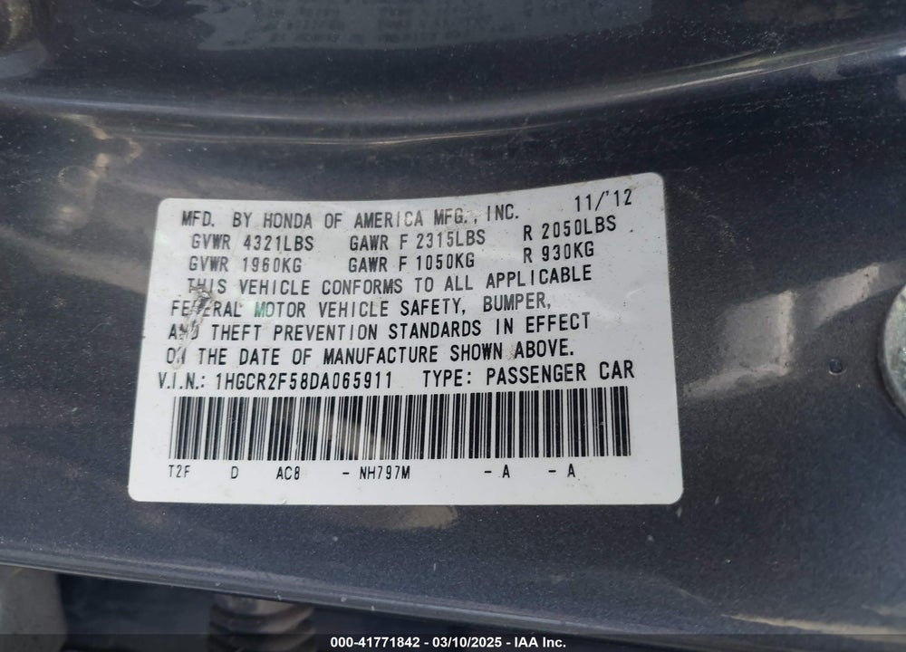 2013 HONDA ACCORD SPORT VIN: 1HGCR2F58DA065911