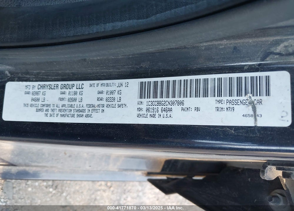 2012 CHRYSLER 200 VIN: 1C3CCBBG2CN307806