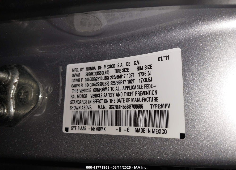 2011 HONDA CR-V VIN: 3CZRE4H55BG700606