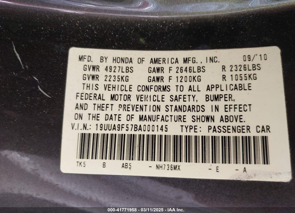 2011 ACURA TL VIN: 19UUA9F57BA000145