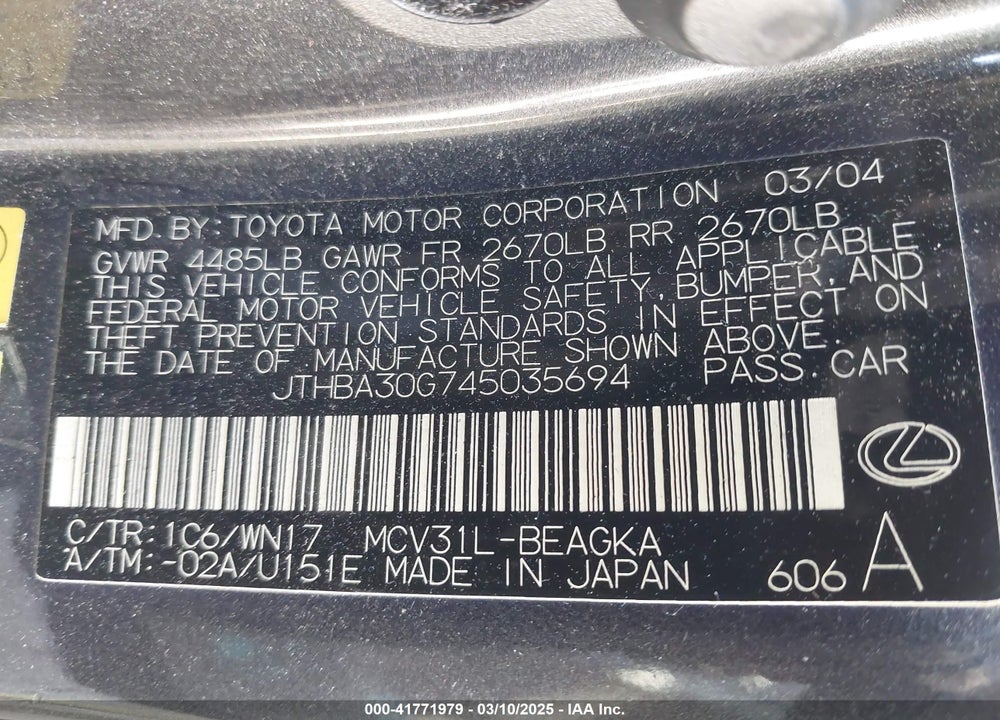 2004 LEXUS ES 330 VIN: JTHBA30G745035694