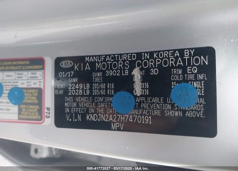 2017 KIA SOUL VIN: KNDJN2A27H7470191