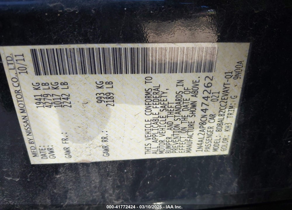 2012 NISSAN ALTIMA VIN: 1N4AL2AP8CN474262