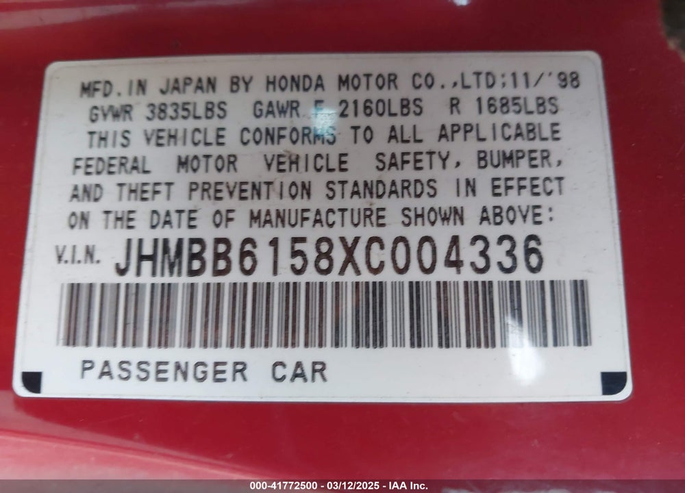 1999 HONDA PRELUDE VIN: JHMBB6158XC004336