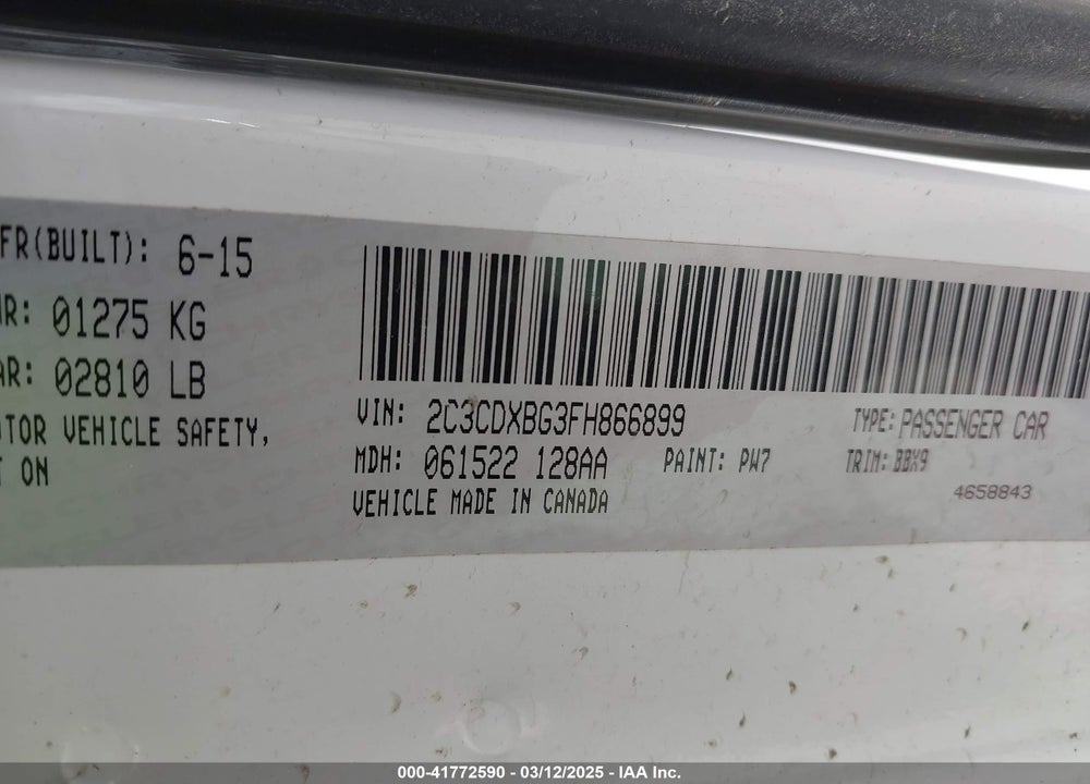 2015 DODGE CHARGER SE VIN: 2C3CDXBG3FH866899